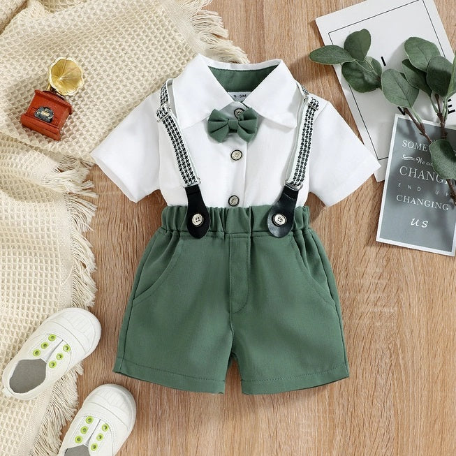 Bow Tie Shirt with Suspender Shorts Set