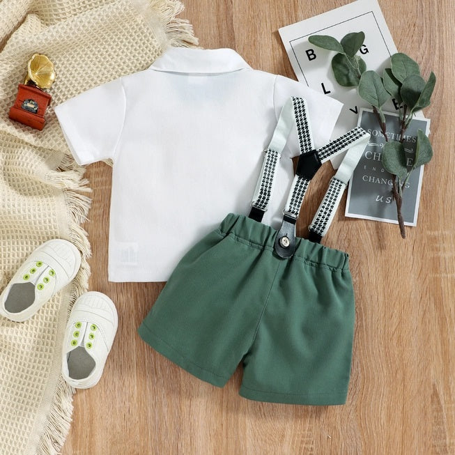 Bow Tie Shirt with Suspender Shorts Set