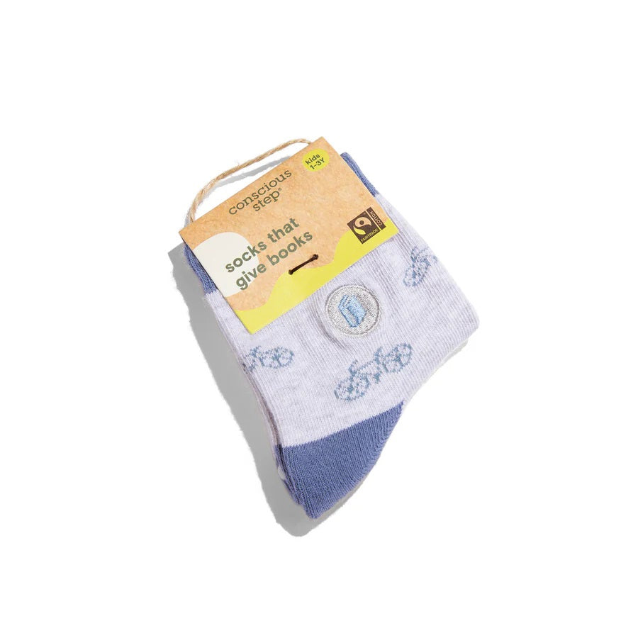 Conscious Step, Kids' Socks That Give Books - Blue Bicycles - Boutique Dandelion