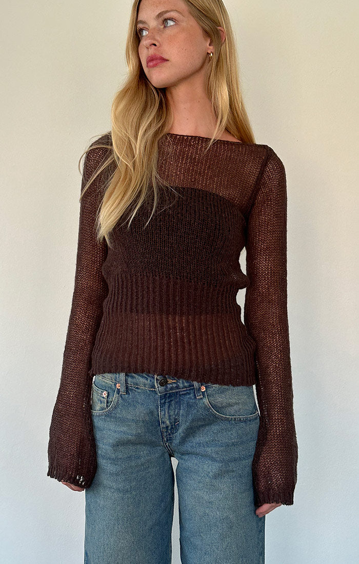 Motel Rocks, Manon Long Sleeve Sheer Knit Top in Chocolate Brown - Boutique Dandelion