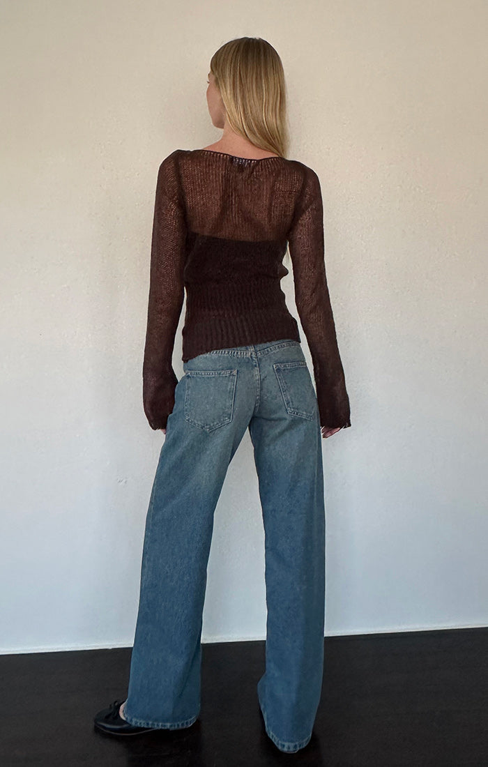 Motel Rocks, Manon Long Sleeve Sheer Knit Top in Chocolate Brown - Boutique Dandelion