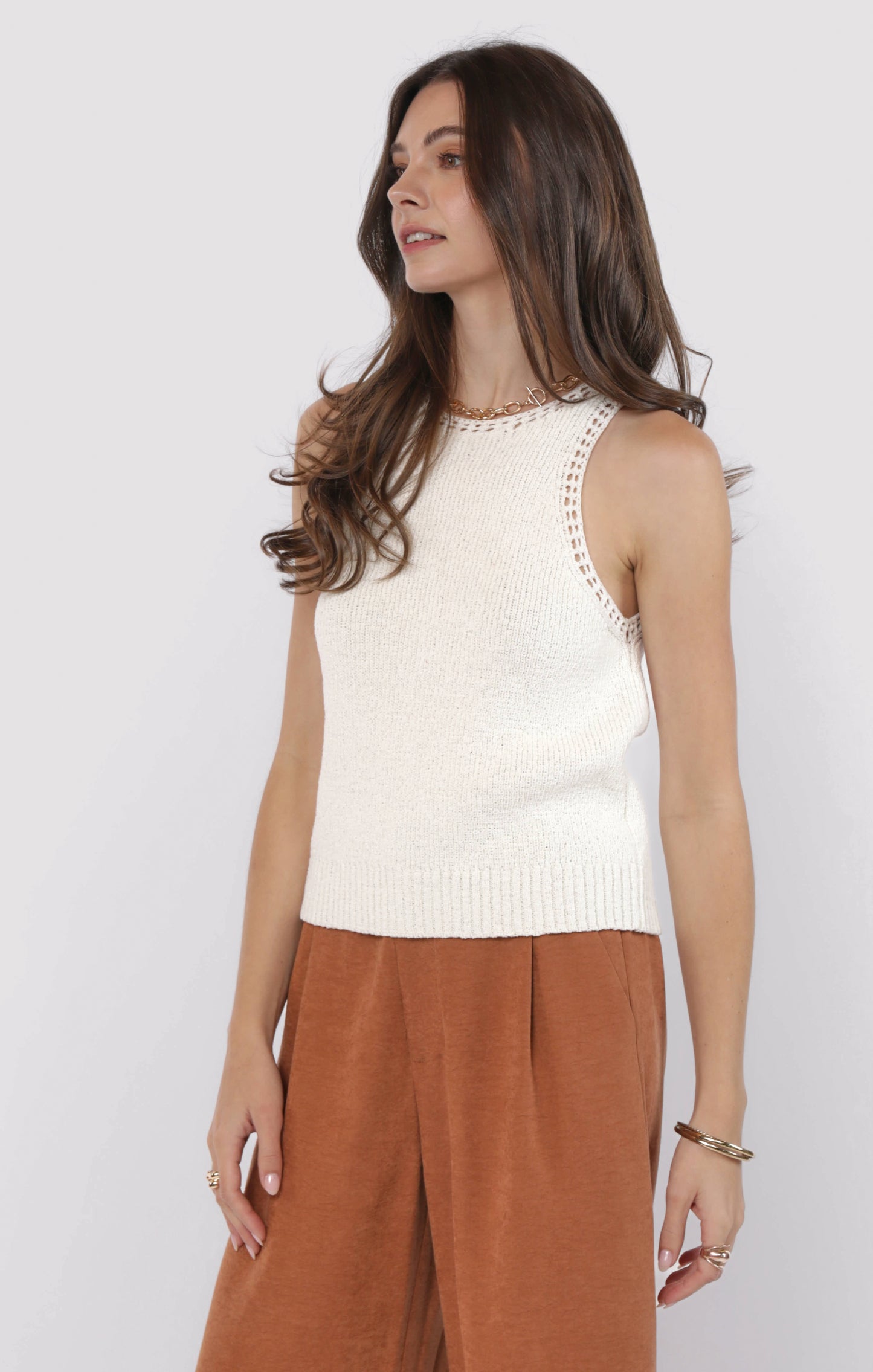 Angelica Sweater Tank With Open Work Trim