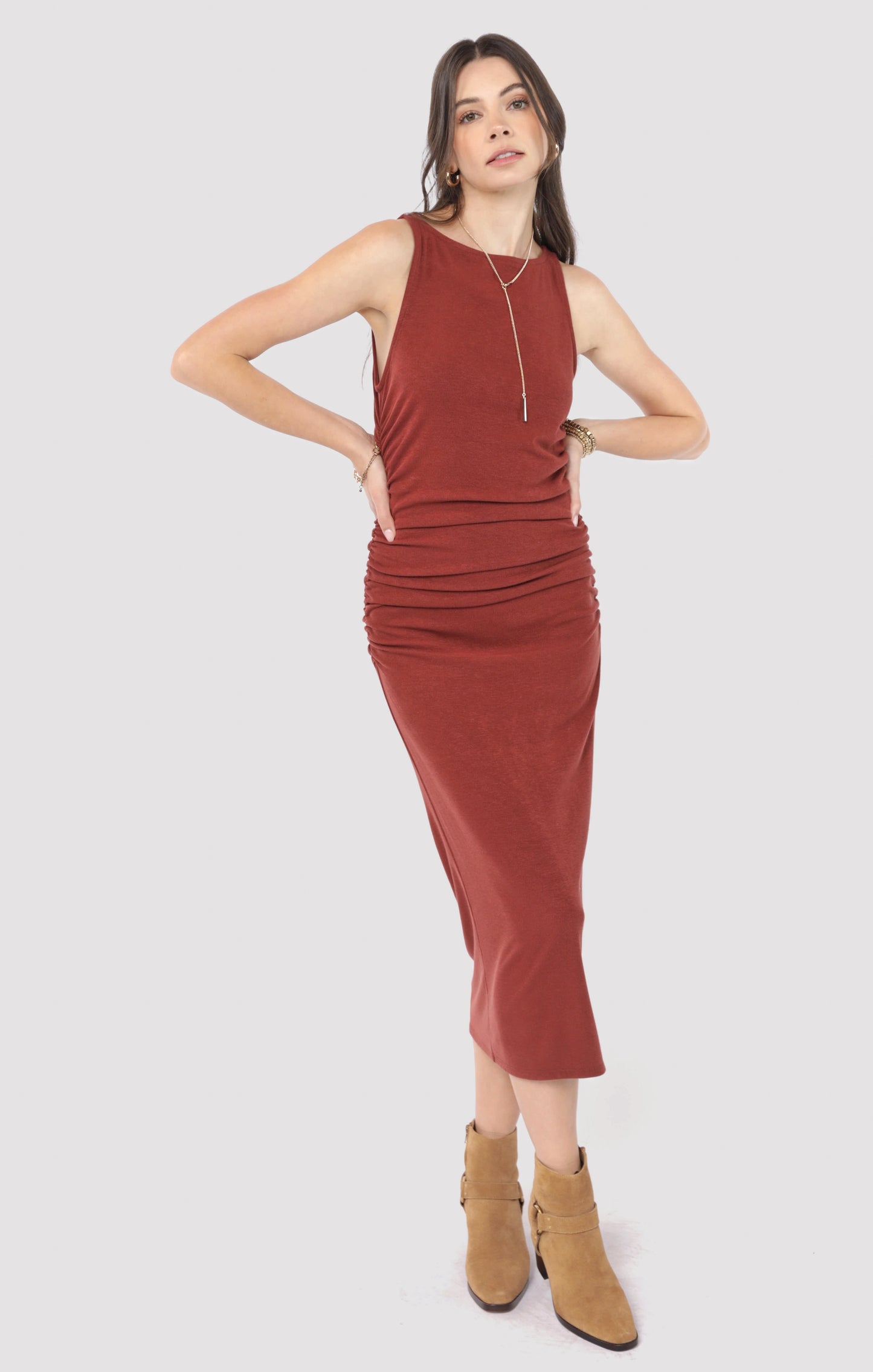 Open Up Boatneck Ruched Midi Dress