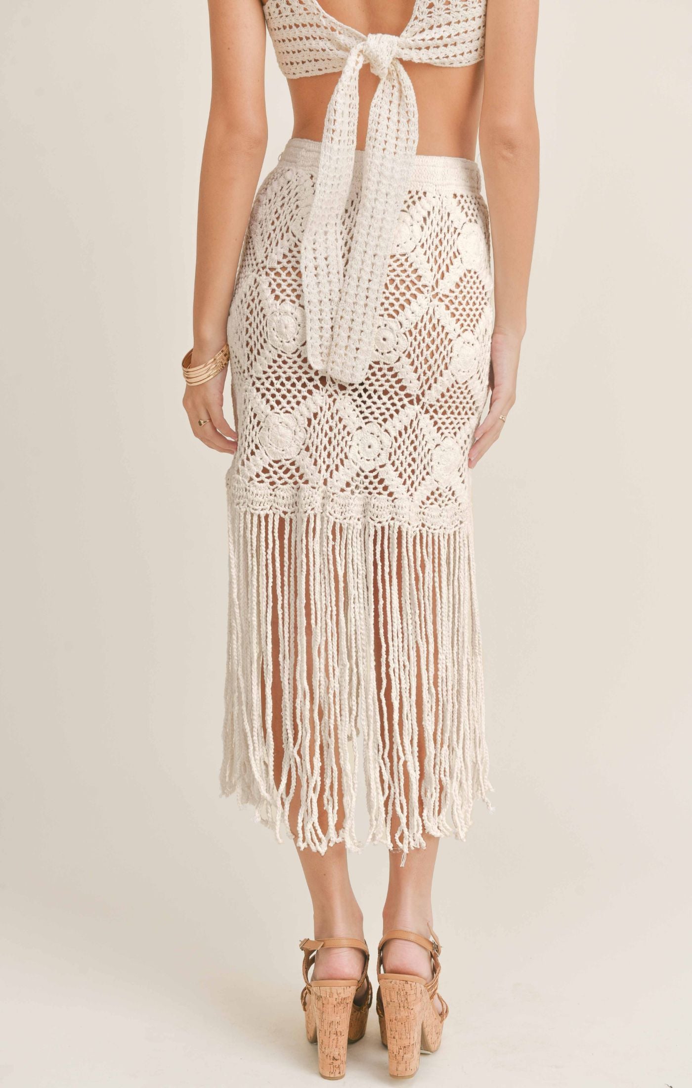 Sage the Label, Goddess Crochet Fringe Midi Skirt in Off White - Boutique Dandelion