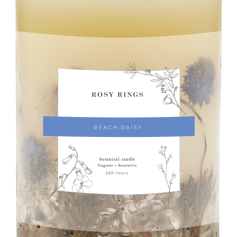 Rosy Rings, Beach Daisy Small Round Botanical Candle 120 Hours Burn Time - Boutique Dandelion