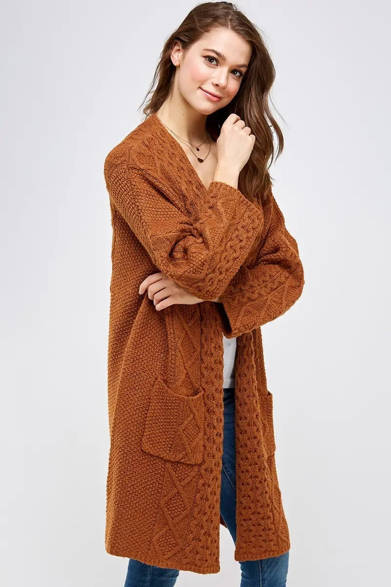 Allie Rose, Solid Mid Length Cable Knit Cardigan in Camel - Boutique Dandelion