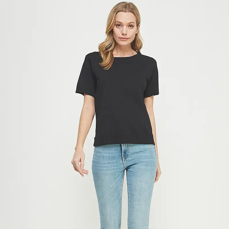 Allie Rose, Short Sleeve Fine Gauge Pullover in Black - Boutique Dandelion
