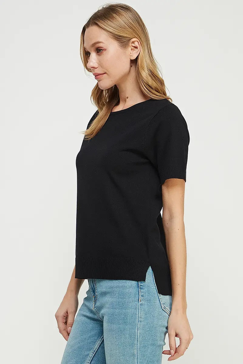 Allie Rose, Short Sleeve Fine Gauge Pullover in Black - Boutique Dandelion