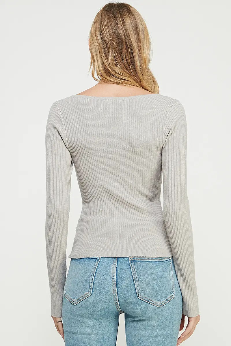 Allie Rose, Fitted Square Neck Rib Pullover in Ash - Boutique Dandelion