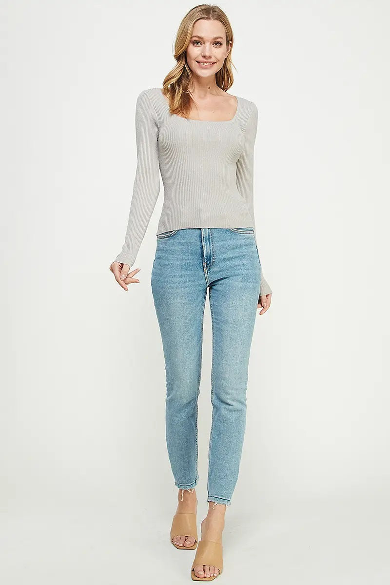 Allie Rose, Fitted Square Neck Rib Pullover in Ash - Boutique Dandelion