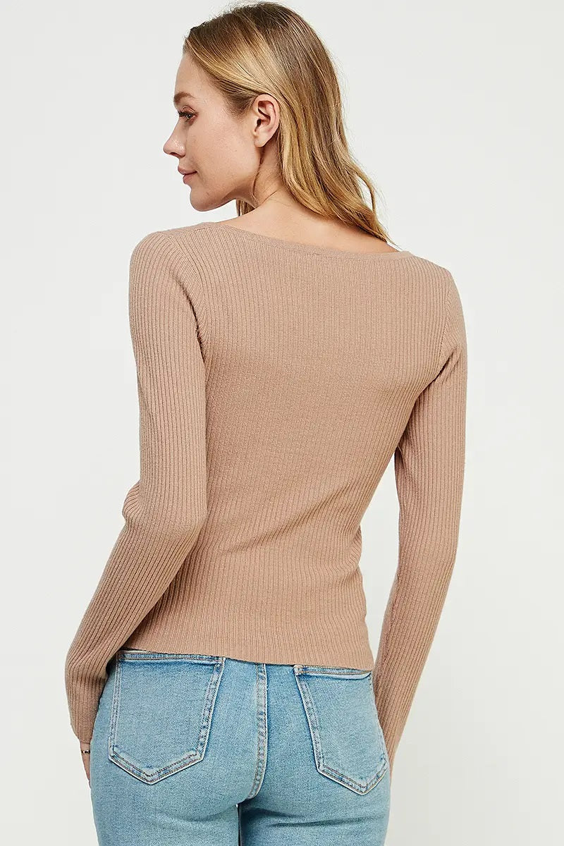 Allie Rose, Fitted Square Neck Rib Pullover in Truffle - Boutique Dandelion