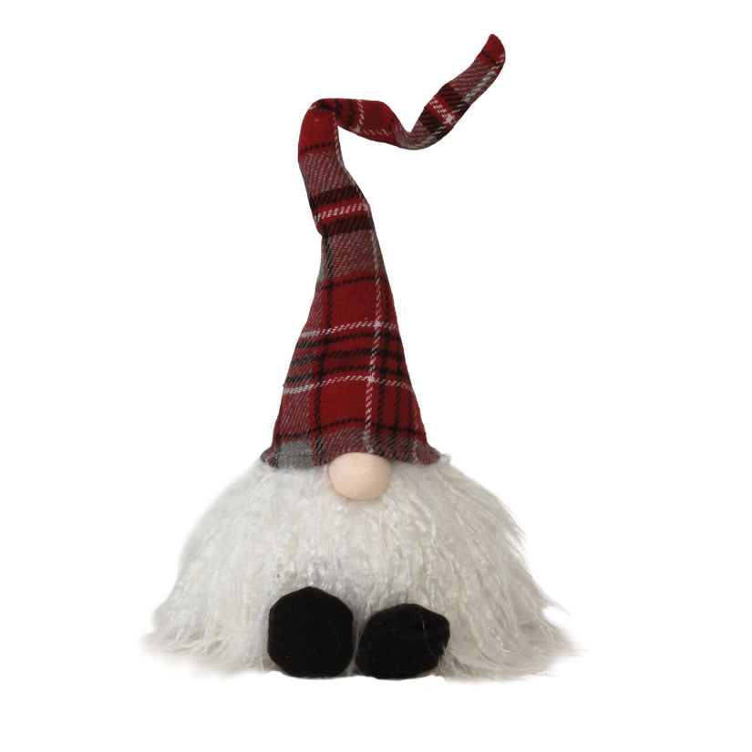 Sitting Plush Santa Gnome with Red/Grey Plaid Hat