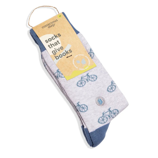 Conscious Step, Unisex Organic Socks That Provide Books in Blue Bike Pattern - Boutique Dandelion