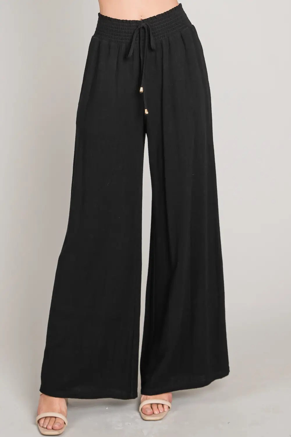 Allie Rose, Linen Smocked Waist Wide Leg Pants in Black - Boutique Dandelion