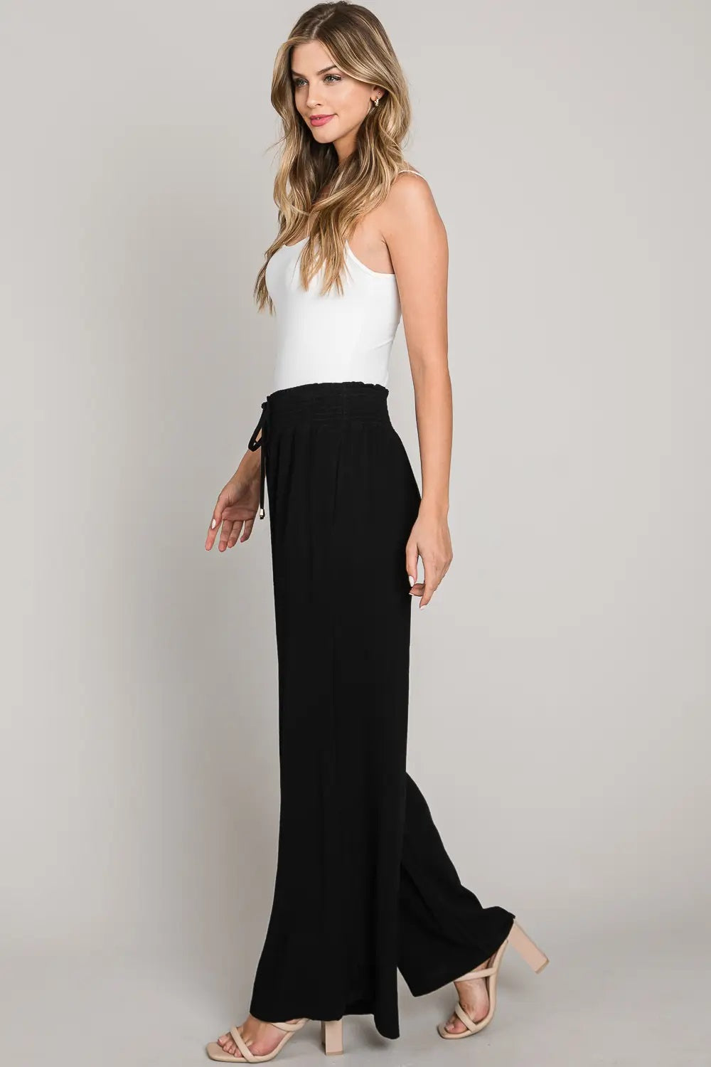 Allie Rose, Linen Smocked Waist Wide Leg Pants in Black - Boutique Dandelion