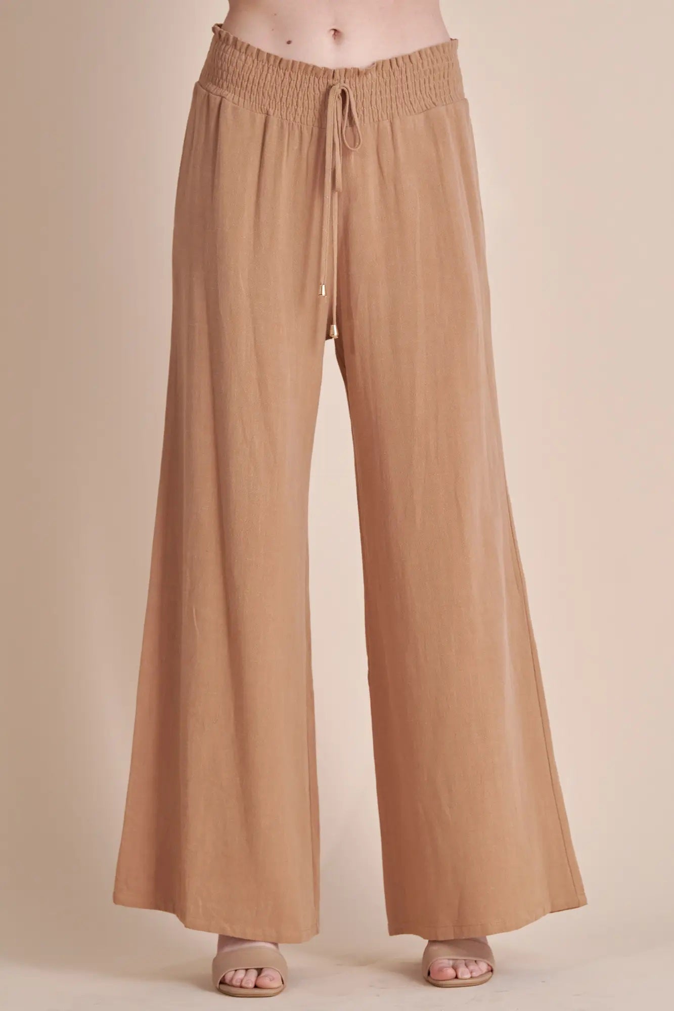 Allie Rose, Linen Smocked Waist Wide Leg Pants in Camel - Boutique Dandelion