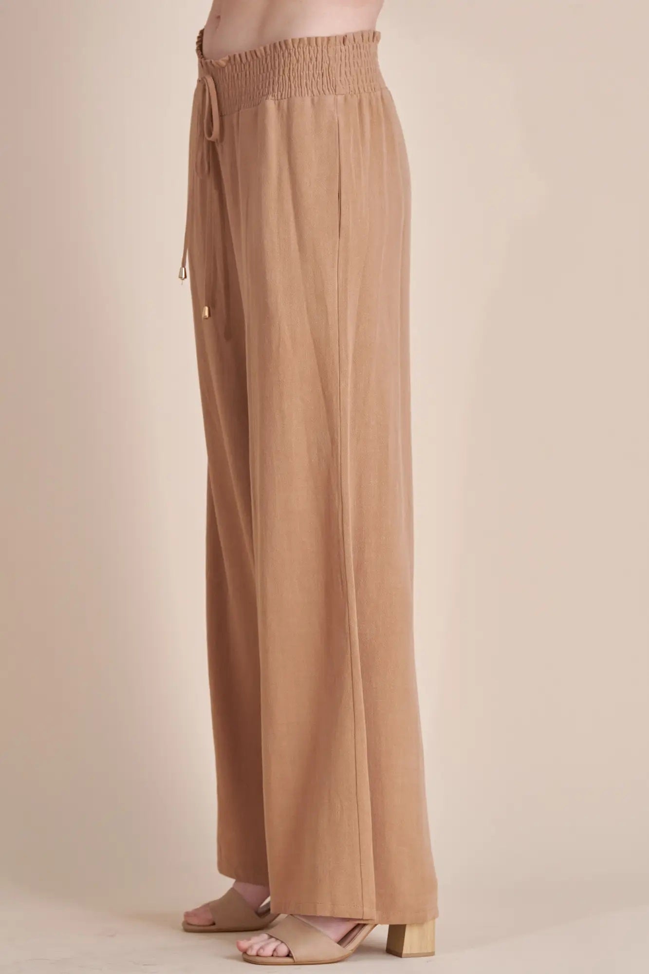 Allie Rose, Linen Smocked Waist Wide Leg Pants in Camel - Boutique Dandelion