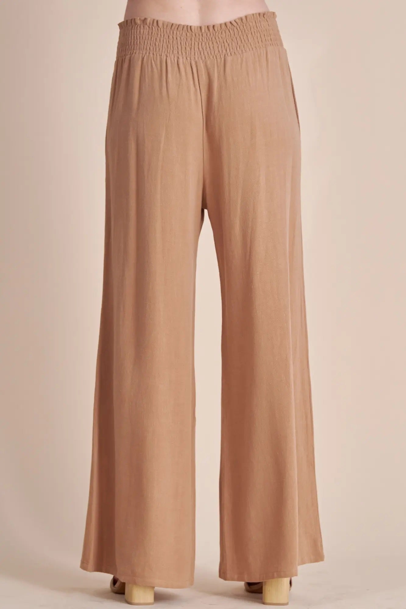 Allie Rose, Linen Smocked Waist Wide Leg Pants in Camel - Boutique Dandelion