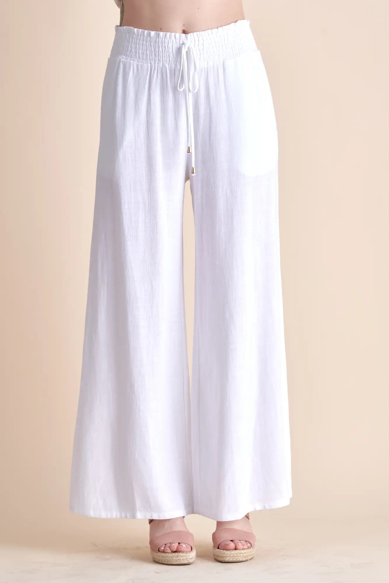 Allie Rose, Linen Smocked Waist Wide Leg Pants in White - Boutique Dandelion