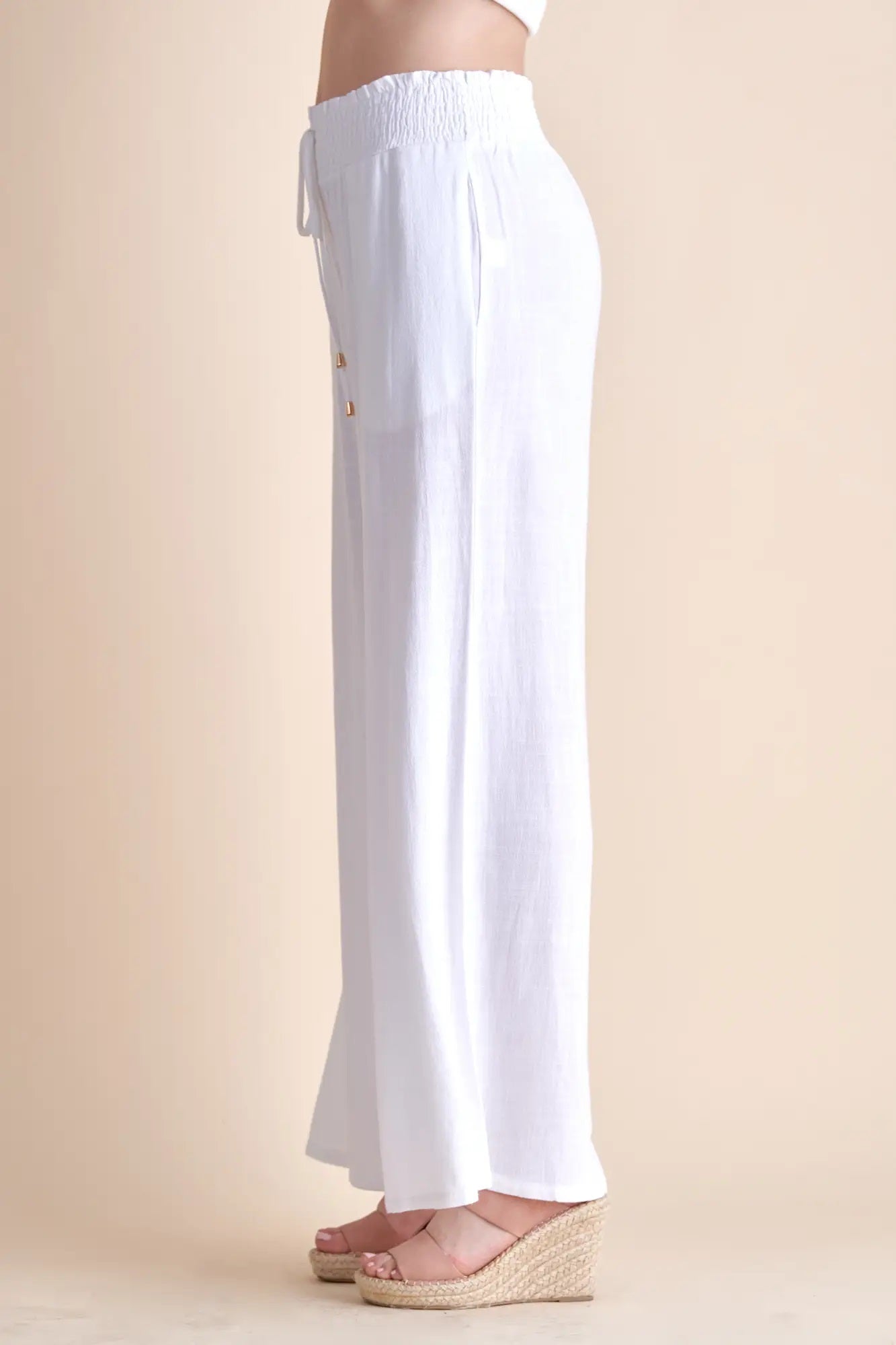 Allie Rose, Linen Smocked Waist Wide Leg Pants in White - Boutique Dandelion