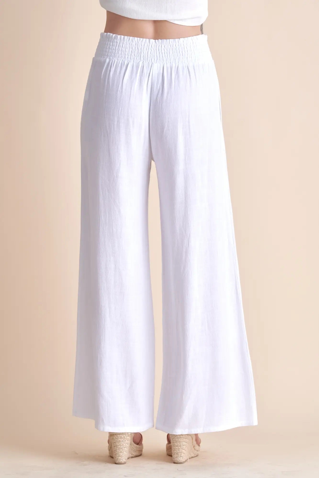 Allie Rose, Linen Smocked Waist Wide Leg Pants in White - Boutique Dandelion