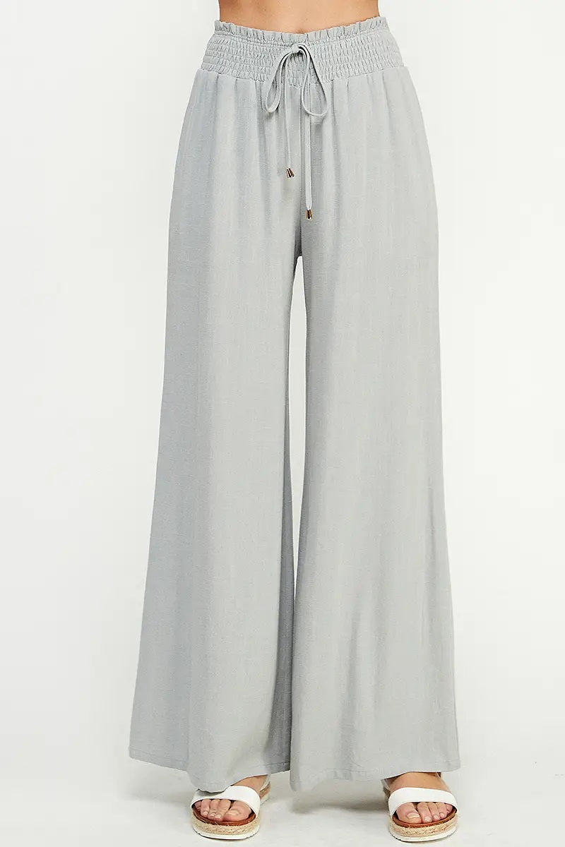 Allie Rose, Linen Smocked Waist Wide Leg Pants in Cool Sage - Boutique Dandelion