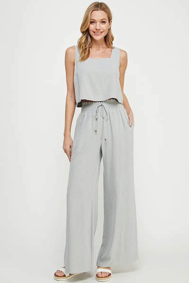 Allie Rose, Linen Smocked Waist Wide Leg Pants in Cool Sage - Boutique Dandelion