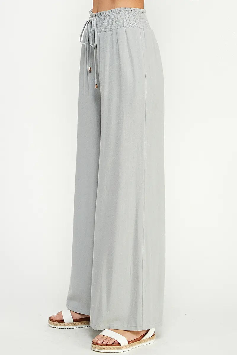 Allie Rose, Linen Smocked Waist Wide Leg Pants in Cool Sage - Boutique Dandelion