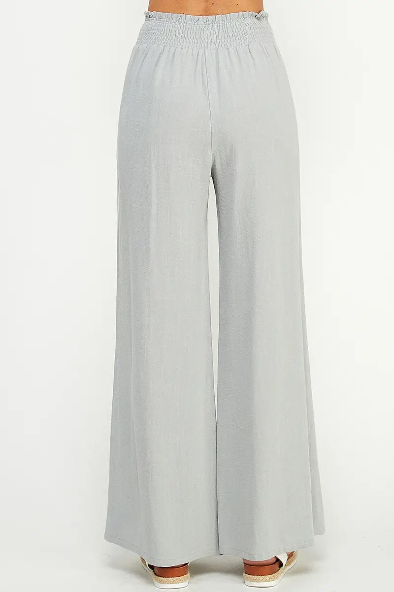 Allie Rose, Linen Smocked Waist Wide Leg Pants in Cool Sage - Boutique Dandelion