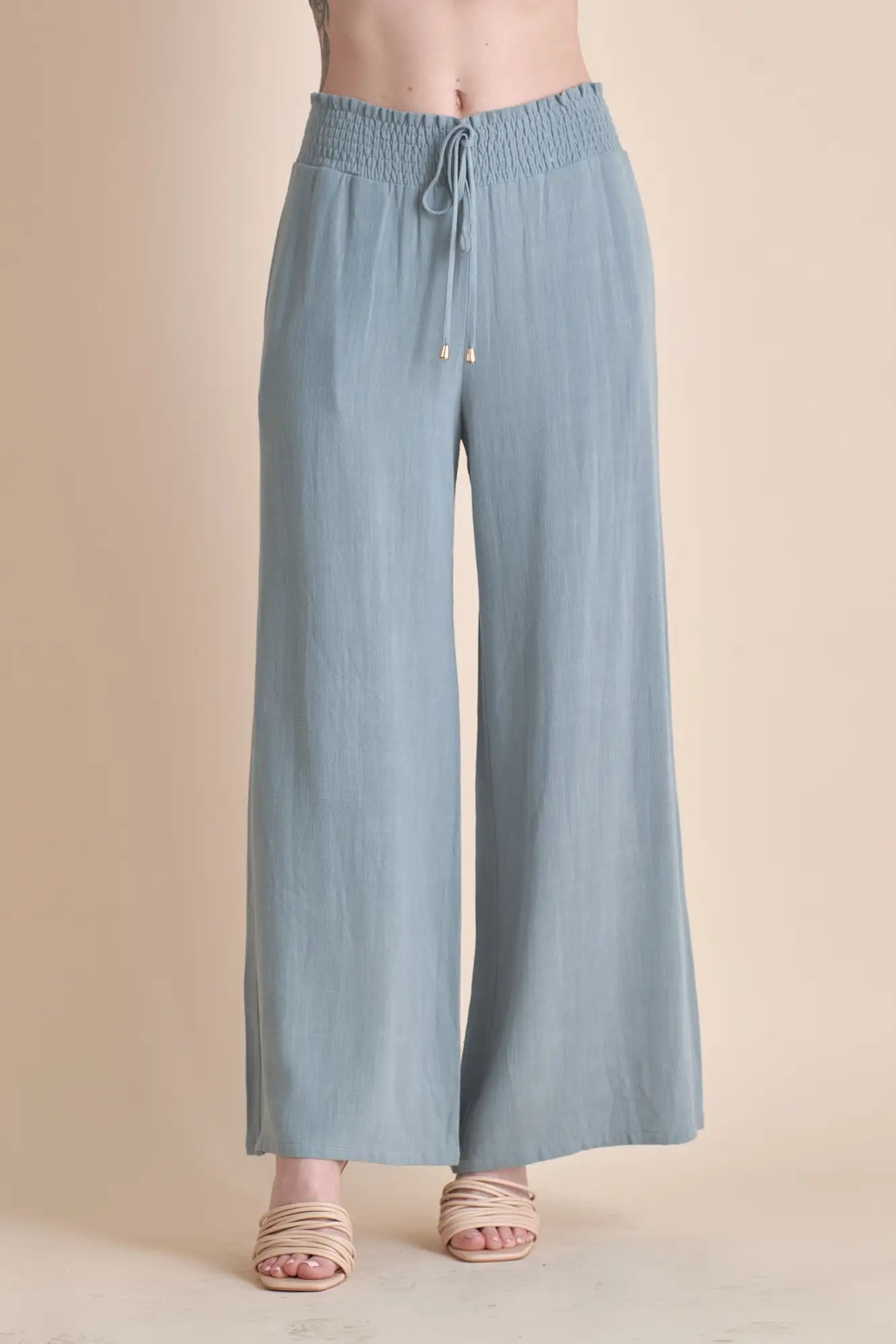 Allie Rose, Linen Smocked Waist Wide Leg Pants in Sage - Boutique Dandelion