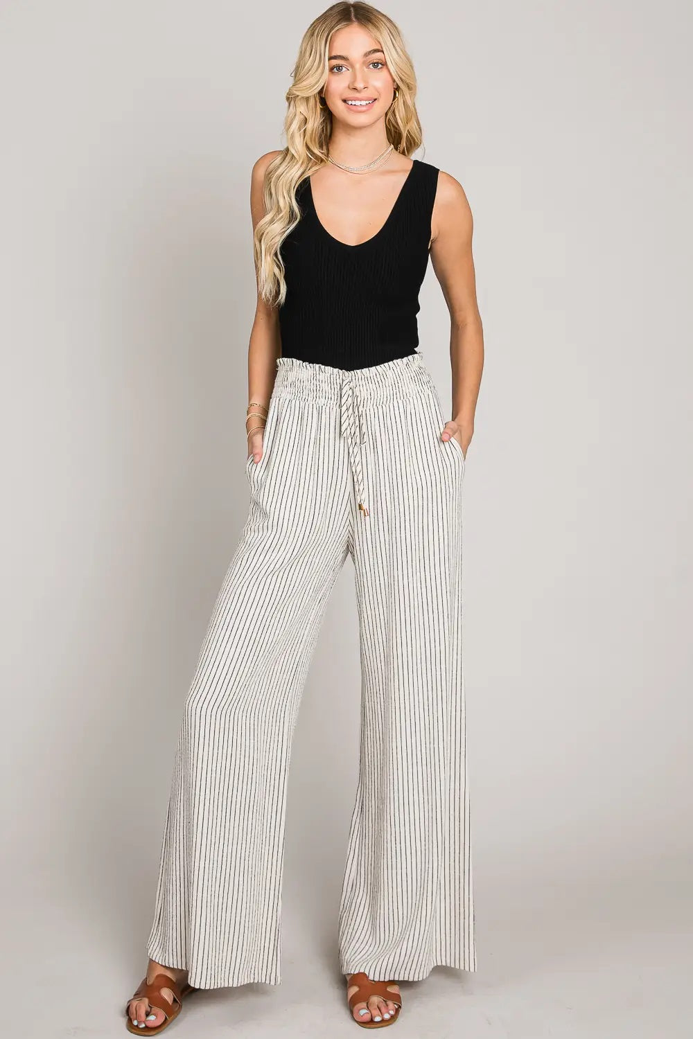 Allie Rose, Linen Smocked Waist Wide Leg Pants in Natural Black Stripe - Boutique Dandelion