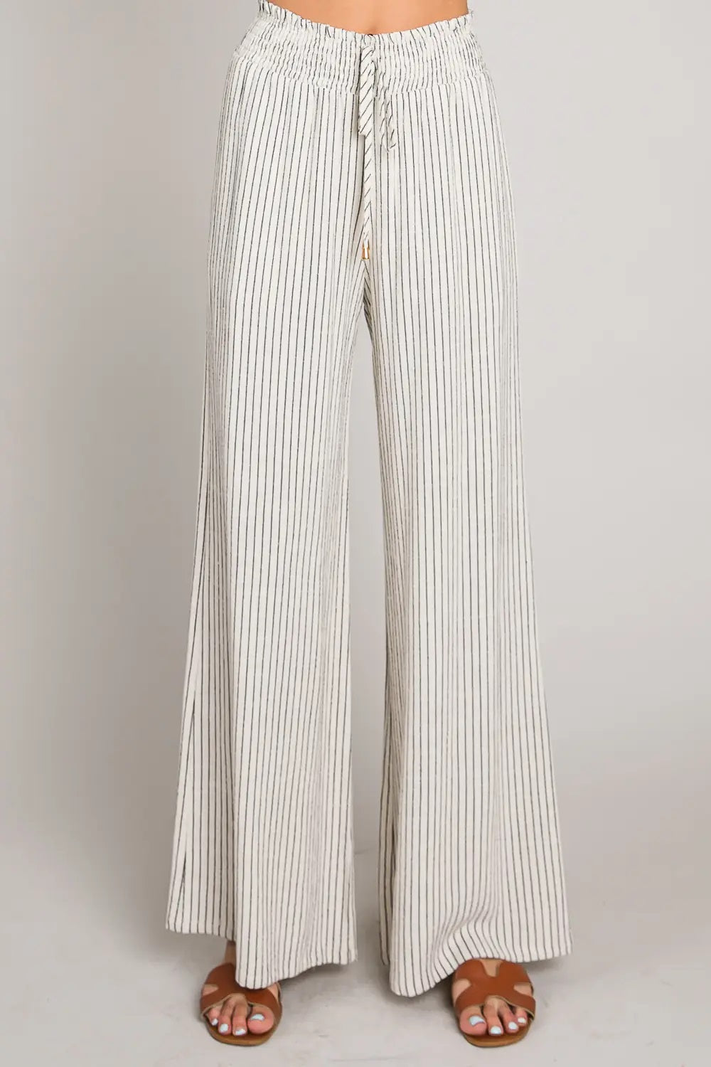 Allie Rose, Linen Smocked Waist Wide Leg Pants in Natural Black Stripe - Boutique Dandelion
