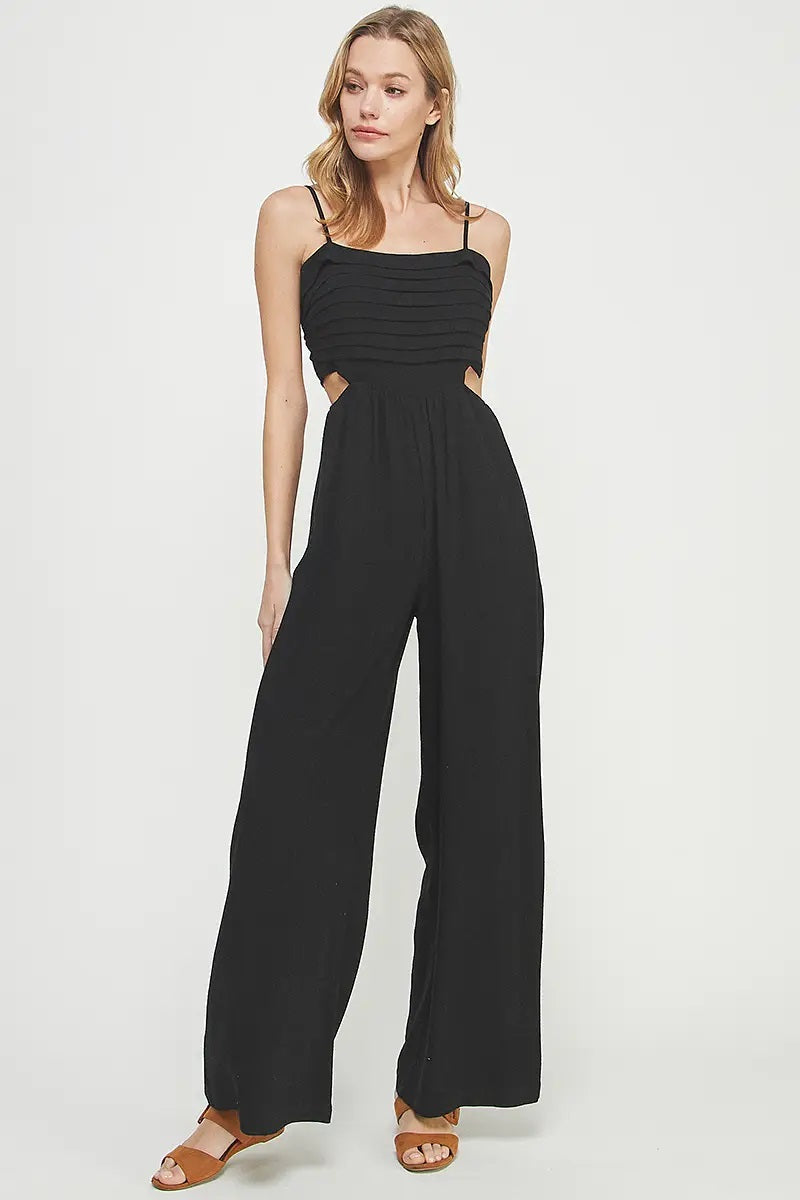 Allie Rose, Spaghetti Strap Linen Jumpsuit in Black - Boutique Dandelion