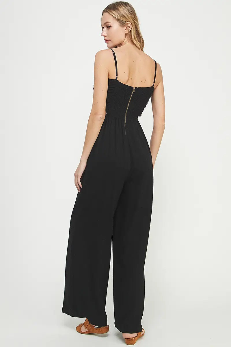 Allie Rose, Spaghetti Strap Linen Jumpsuit in Black - Boutique Dandelion