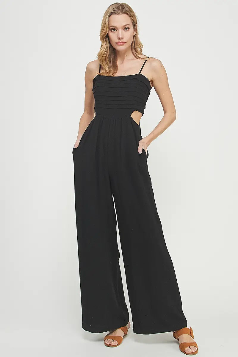 Allie Rose, Spaghetti Strap Linen Jumpsuit in Black - Boutique Dandelion