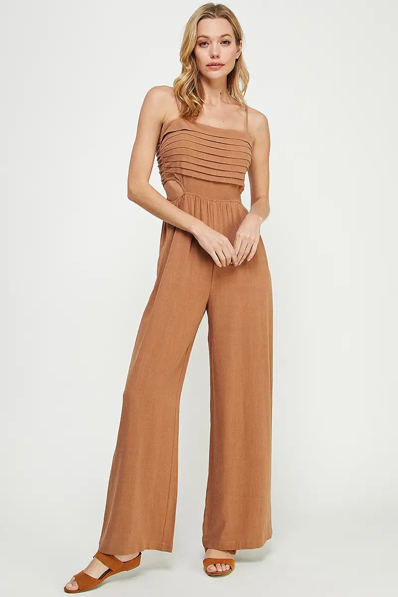 Allie Rose, Spaghetti Strap Linen Jumpsuit in Camel - Boutique Dandelion