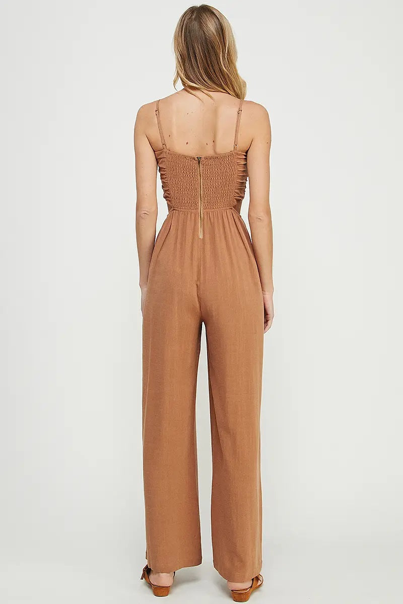 Allie Rose, Spaghetti Strap Linen Jumpsuit in Camel - Boutique Dandelion