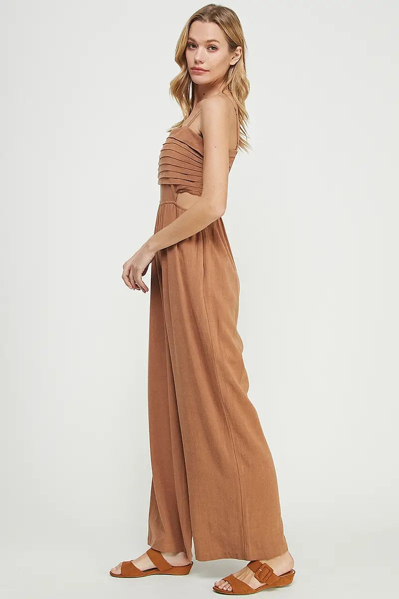 Allie Rose, Spaghetti Strap Linen Jumpsuit in Camel - Boutique Dandelion