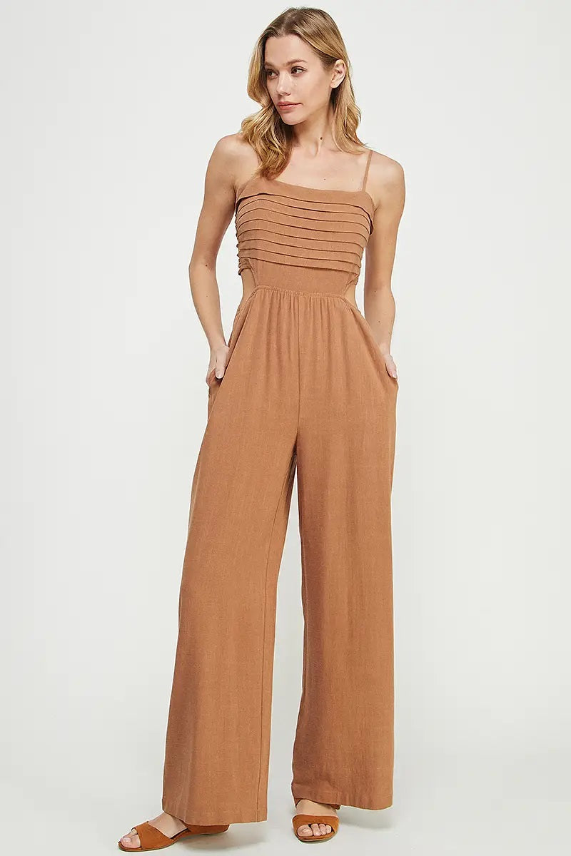 Allie Rose, Spaghetti Strap Linen Jumpsuit in Camel - Boutique Dandelion