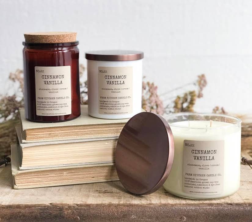 Farm Kitchen Candle Co., Amber Glass Cinnamon Vanilla Soy Candle, Candles, Farm Kitchen Candle Co., Boutique Dandelion - Boutique Dandelion