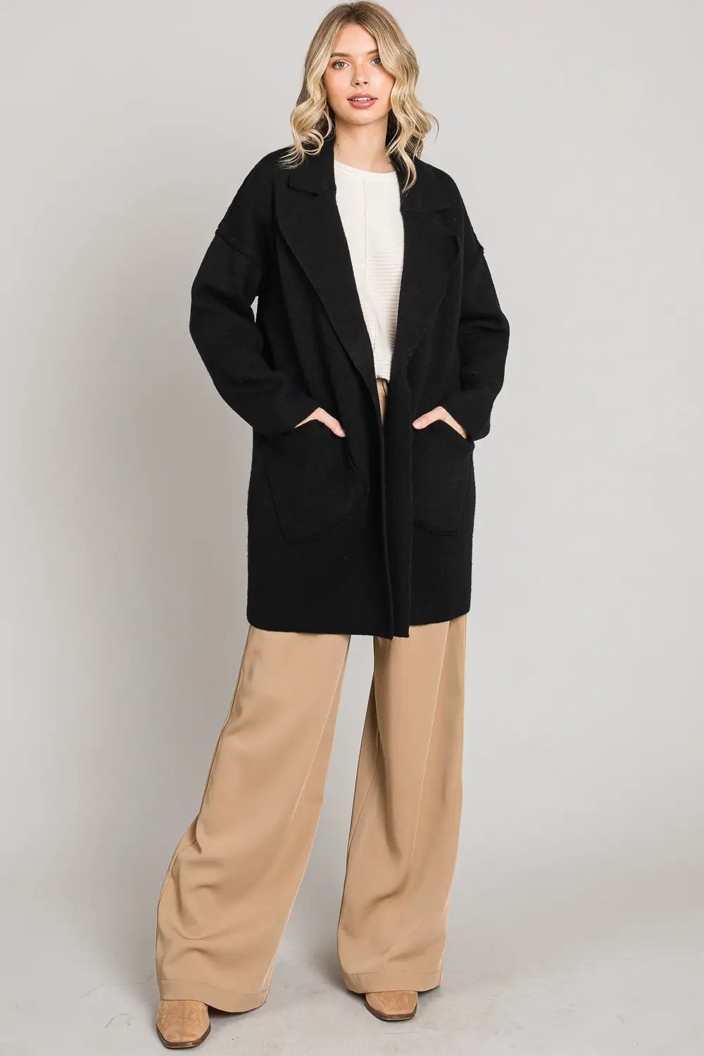 Allie Rose, Coatigan with Large Front Pockets in Black - Boutique Dandelion