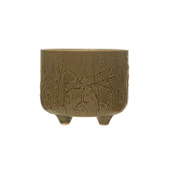 Embossed Stoneware Footed Planter with Floral Design