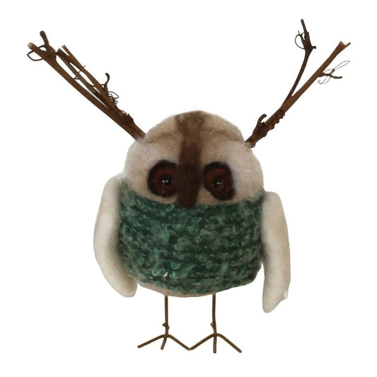 Felted Reindeer Owl With Green Blanket Ornament - Boutique Dandelion
