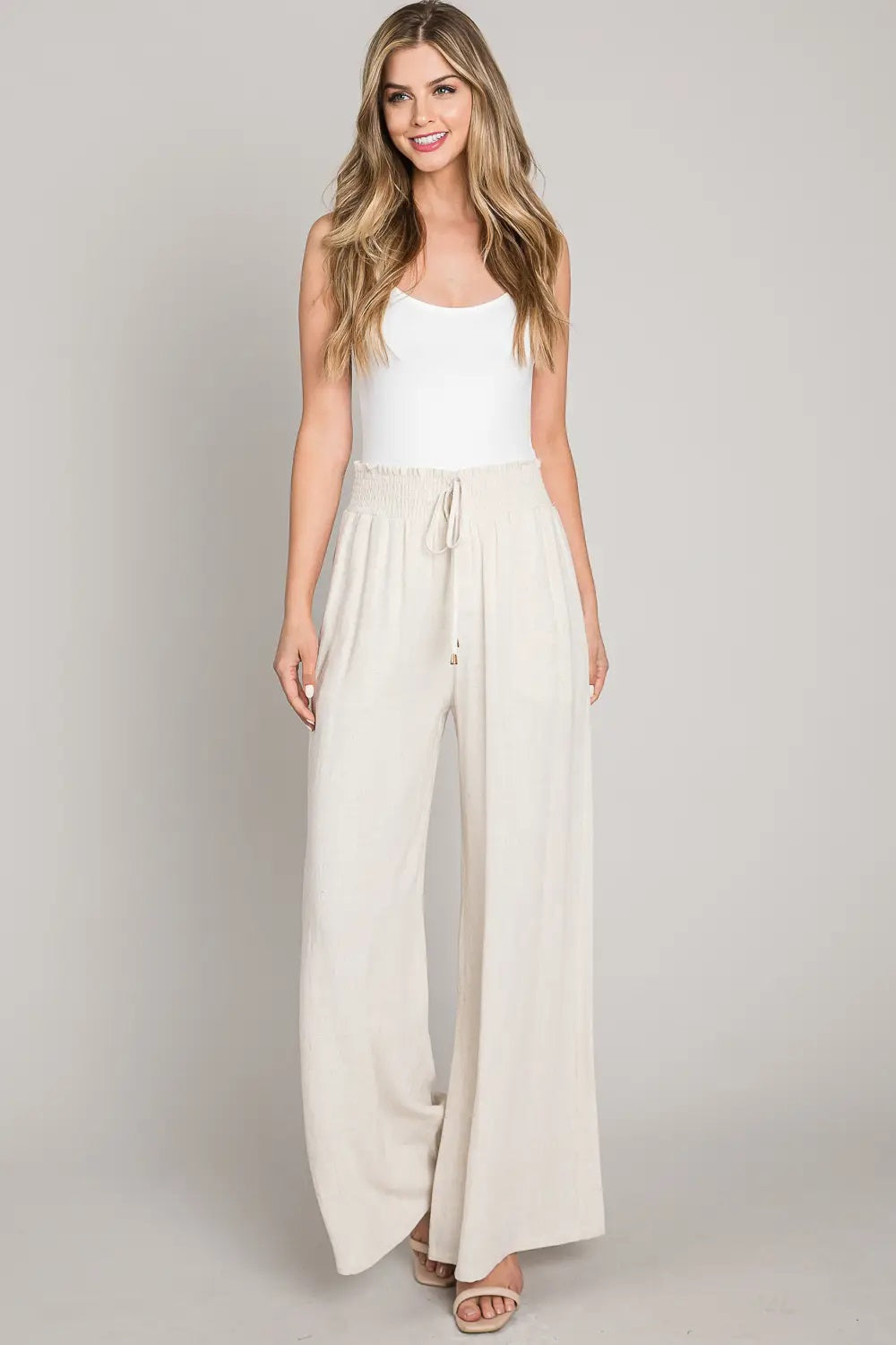 Allie Rose, Linen Smocked Waist Wide Leg Pants in Natural - Boutique Dandelion