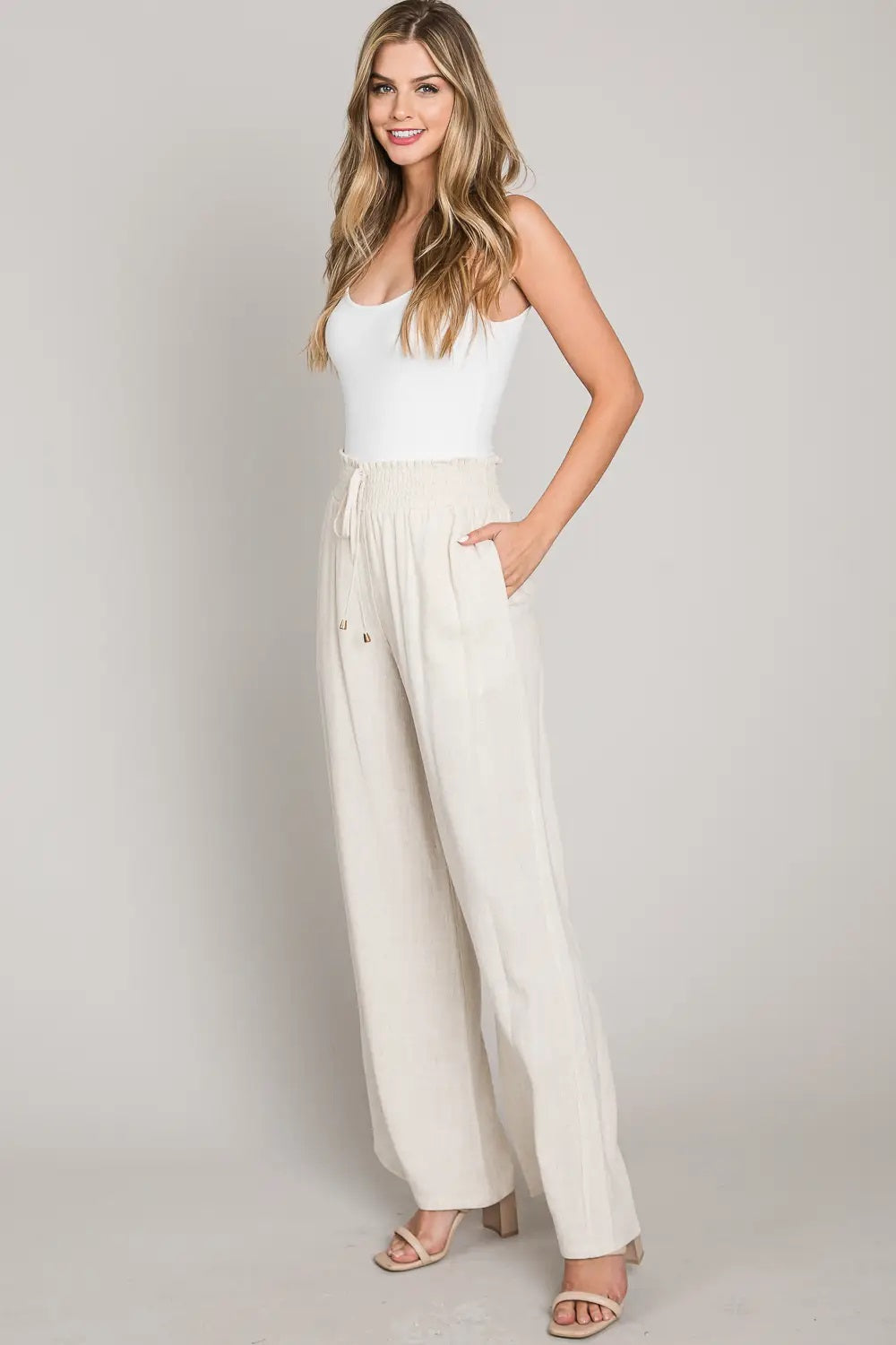 Allie Rose, Linen Smocked Waist Wide Leg Pants in Natural - Boutique Dandelion