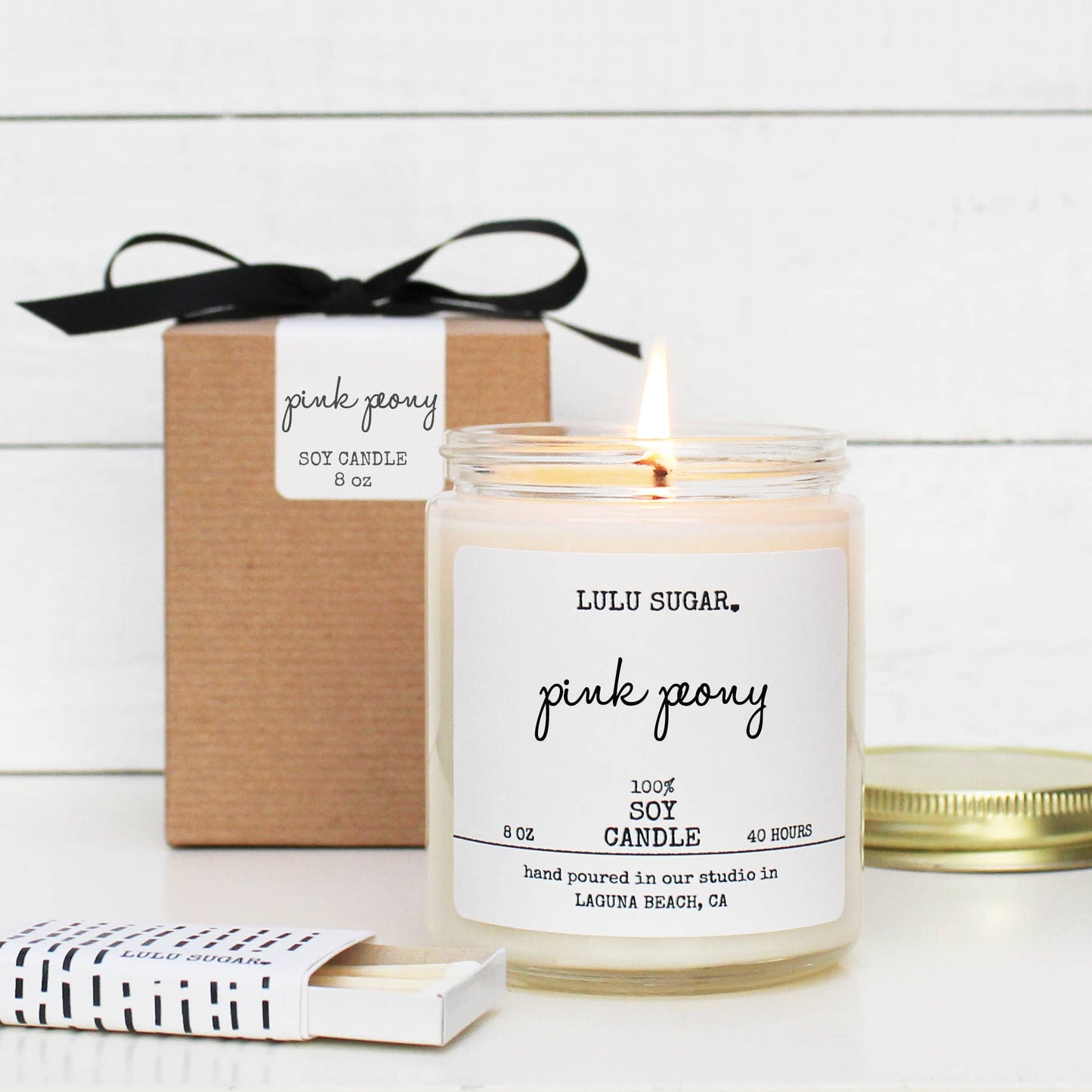 Lulu Sugar, Pink Peony Scented Soy Candle 8oz - Boutique Dandelion
